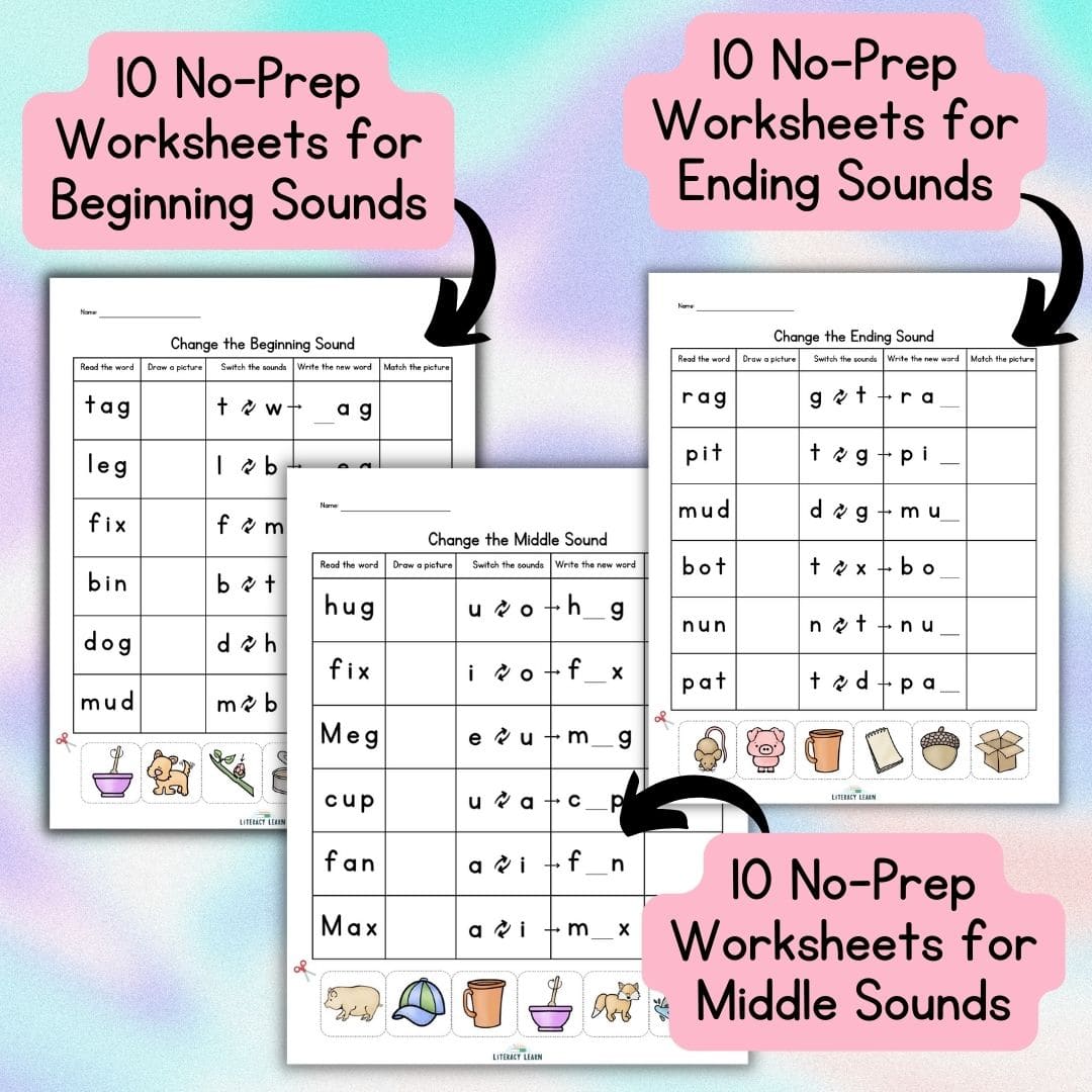 Graphic showing three different phoneme substitution worksheets with captions showing 10 worksheets for each.