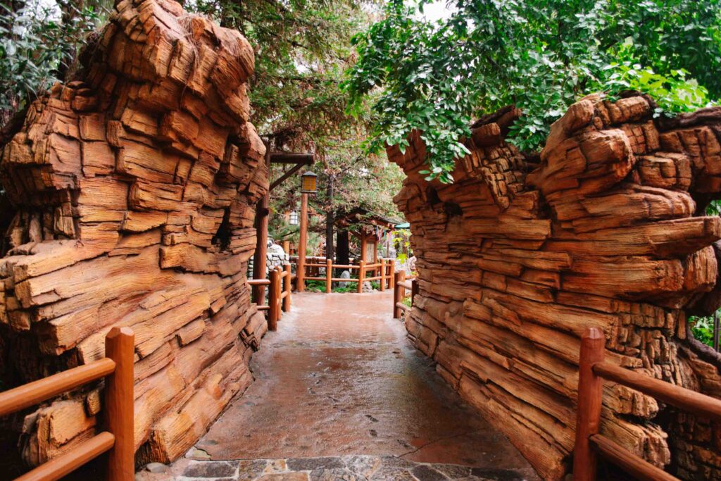Disney's California Adventure Redwood Creek Challenge Trail shown here with large fake redwood trunk that you can walk through