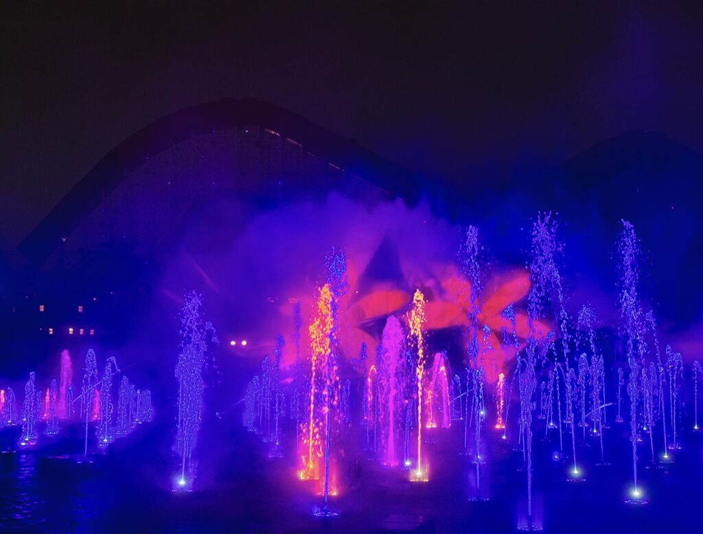 Water show at Disneyland Resort with projections on walls of water