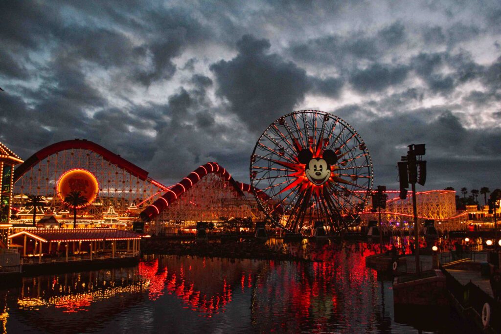 View of Pixar Pier during sunset when rides are lit up