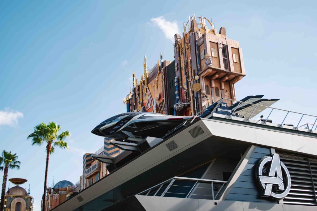 View of Avengers ship and Guardians of the Galaxy ride behind in Avengers Campus in California Adventure Park