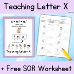 Colorful graphic entitled "Teaching Letter X" with images of worksheets and a pencil.