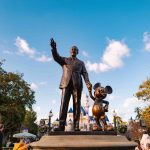 Bronze statue of Walt Disney waving and holding hands with Mickey Mouse with Sleeping Beauty's Castle behind outlined in their silhouette